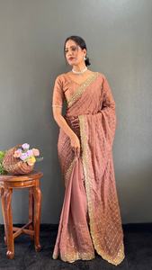 ชุดส่าหรีผ้าไหมพรีเมียม ประดับเลื่อม พร้อมสวมใส่ คอลเลคชั่นอินเดียสำหรับผู้หญิง มีสินค้าในสต็อก - Product Image 4