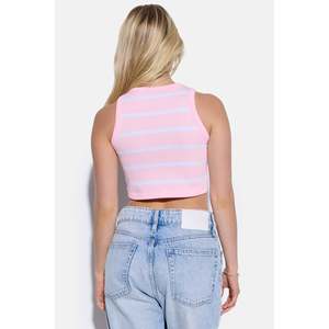 <b>Pink</b> White Striped Ladies Blouse Asymmetrical Ruffled <b>Bow</b> Collar Embroidered Front Logo Regular Fit Short Polyester Autumn - Product Image 4