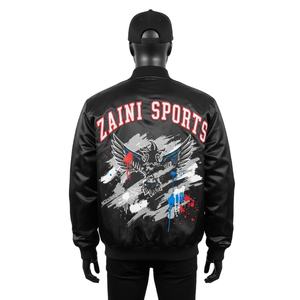 Veste en satin pour homme de luxe, tissu satiné doux 120GSM, teinte noire, panneau frontal graphique, logo personnalisé, transfert thermique, veste en satin pour homme - Product Image 2