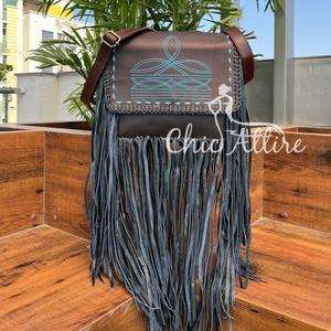 Moda de alta calidad turquesa bota puntada cuero genuino gran flecos bandolera occidental bohemio cuero de vaca bolso de mujer - Product Image 1
