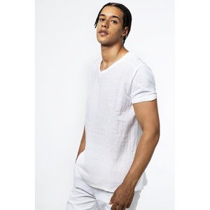 เสื้อยืดคอวีผ้าฝ้ายลายทางหลากสีสำหรับผู้ชาย - Product Image 1