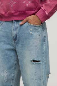 กางเกงยีนส์เดนิมทรงแบ็กกี้ผู้ชาย สไตล์ใหม่ ผ้าฝ้าย/สแปนเด็กซ์ ล้างสีแบบสโตนวอช แต่งคริสตัลหลากสี ผลิตตามสั่งจากโรงงาน - Product Image 3