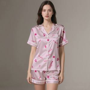 Ensemble de pyjama en satin de soie léger et élégant pour adultes, imprimé numériquement, tissu doux et luxueux, respirant pour l'été/le printemps - Product Image 5
