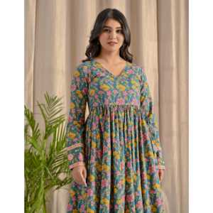 Vestido Largo Azul Marino Angrakha con Cintura Imperio, Estilo Boho Elegante, Estampado Floral Jaal, Sin Cremallera, Ideal para Bodas y Fiestas, ODM - Product Image 1