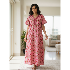 Robe de nuit 100 % coton imprimée à la main (motif Jaal), tissée douce, motif floral, fermeture boutonnée, taille 3XL, idéale pour les demoiselles d'honneur (ODM) - Product Image 1