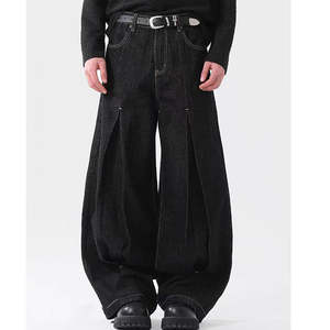 กางเกงยีนส์ทรงแบ็กกี้เอวกลางผ้าโพลีเอสเตอร์ 100% น้ำหนัก 14 ออนซ์ สำหรับผู้ชาย คุณภาพสูง ลายดอกไม้/สีพื้น สไตล์วินเทจ เย็บสองชั้น ทรงตรงแบบดิบ - Product Image 3