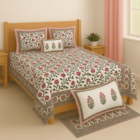 Parure de lit de luxe légère 200TC en coton 100% biologique imprimé à la main, style indien Jaipuri, marron et rose, toutes saisons, taille Super King