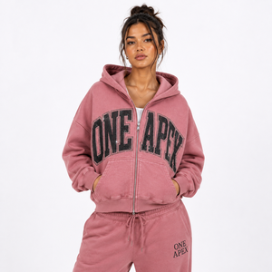 <b>Women's</b> Winter Oversized <b>Pink</b> Acid Wash Zipper <b>Hoodie</b> Heavyweight Cotton Rhinestone Graphic Streetwear Fashion Jacket - Product Image 4