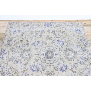 Tapis turc décoratif 4x4,5 pieds, tapis vintage bleu à motifs floraux - Product Image 4