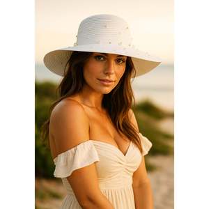 Chapeau de paille large orné de perles blanches Hsr2069 - Blanc3 - Product Image 4