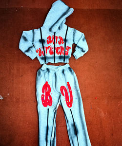 Survêtement d'hiver personnalisé pour enfant, coupe ample, broderie effet vieilli, pierres précieuses, à capuche, 3 fermetures éclair, style streetwear, 360 GSM, doublure polaire en coton - Product Image 1