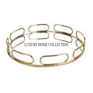 Stunning golden finished metal glass <b>mirror</b> <b>tray</b> <b>with</b> intricate carvings for centerpiece display and elegant table arrangement. - Product Image 3