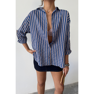 Camisa de Lino a Rayas Azul Marino para Mujer, Colección de Blusas y Camisas para Mujer - Product Image 6