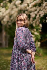 Nouvelle robe mini en velours bohème Florie, robe à fleurs imprimée à la main, bleu rose, décontractée, faite à la main, taille naturelle, mode éthique - Product Image 6