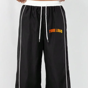 Pantalon de survêtement décontracté pour homme, noir, en laine peignée, lourd, vintage, pattes d'éléphant, bordures latérales, broderie, tricot, taille élastique - Product Image 2