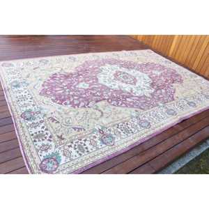 Tapis turc en laine écologique 6,6x10 pieds, grand tapis traditionnel vintage, patchwork violet, avec envers en latex - Product Image 2