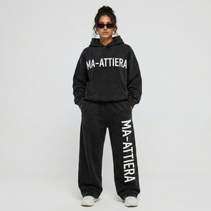 Conjunto Deportivo de Dos Piezas para Mujer, Sudadera con Capucha Negra Extra Grande, Pantalones Deportivos Anchos con Estampado Gráfico, Ropa Casual de Calle - Product Image 1