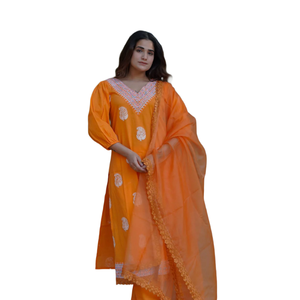 Ensemble de costume en coton imprimé à la main Tara Marigold Glow Khari avec dupatta en organza au meilleur prix - Product Image 1