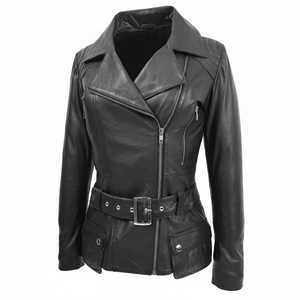 Veste de motard en cuir véritable noir pour femmes, ceinture, manteau moto, fermeture éclair asymétrique, coupe ajustée, vêtements de moto pour femmes - Product Image 4