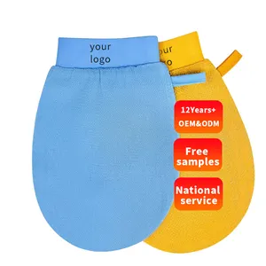 Oem işlemeli Logo Rayon cilt soyma banyo Scrubber viskon banyo eldiveni duş eldiven mavi Peeling Mitt
