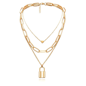 Alloy Gold Plated Lock <b>Pendant</b> Necklace Trendy Cross and Heart Shape with Diamond <b>Emerald</b> and Pearl Main Stones for Parties - Product Image 4