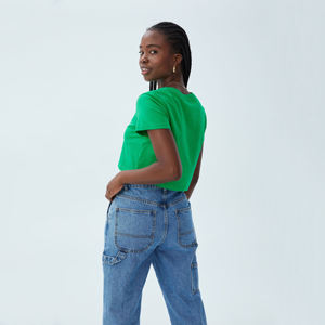 Venta al por mayor 100% algodón moda mujer cuello redondo media manga verano estampado diseño Crop Tops logotipo personalizado camisetas en blanco ecológico - Product Image 5