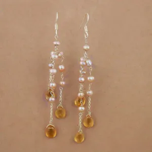 Boucles d'oreilles pendantes en argent 925 style Bohème avec perle d'eau douce et citrine pour femmes - Product Image 1