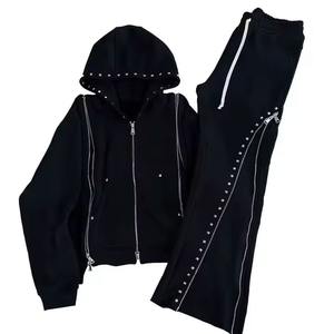 Conjunto Deportivo de Manga Larga con Pedrería Negra para Hombre, Color Liso, Diseño Moderno de Invierno, Cálido y Elegante, Tejido de Felpa - Product Image 1