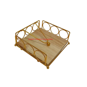 Porte-serviettes moderne en métal doré avec socle en bois Support décoratif en papier de soie à cadre carré pour table à manger et restaurant - Product Image 1