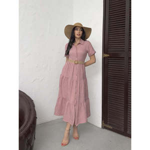 MissJANELL Vestido largo elegante de mezcla de lino bordado con cinturón azul para mujer, ideal para vacaciones de verano y uso diario, disponible en tallas S-XL - Product Image 2