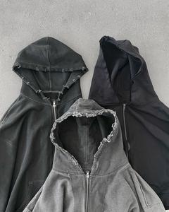 Designer Custom Streetwear Washed <b>Hoodies</b> <b>Men</b> Blank <b>Black</b> 410gsm French Terry Vintage Distressed Acid Wash <b>Zip</b> Winter Breathable - Product Image 1