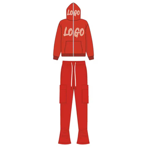 Vente d'usine OEM Ensembles de survêtements à capuche zippés personnalisés Bas évasé pour hommes Poches cargo Pantalon Couvre-visage complet Strass solides - Product Image 3