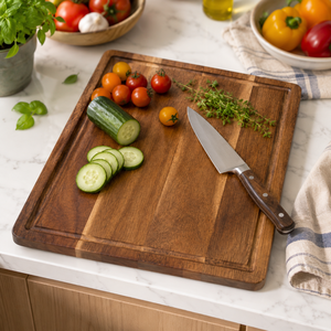 Planche à découper en bois d'acacia massif rectangulaire avec rainure pour les jus, pour la préparation et la découpe de viande et de légumes en cuisine - Product Image 2