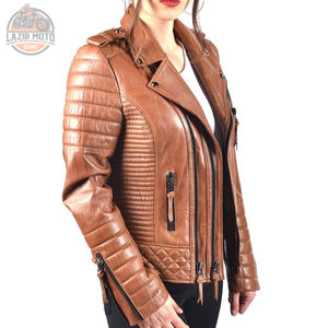 Veste de moto pour femme en cuir véritable, couleur unie, style zippé, grandes tailles, prix raisonnables, vestes de moto tendance - Product Image 5