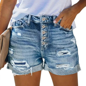 Pantalones cortos de mezclilla de tiro medio de Estilo Vintage para mujer, ropa de calle informal con corte desgastado para uso diario - Product Image 1