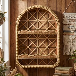Estante de Pared Arqueado de Ratán con Marco de Cuentas, Estante de Almacenamiento Tejido a <span class=keywords><strong>Mano</strong></span> de <span class=keywords><strong>2</strong></span> Niveles, Estante Decorativo de Pared para Decoración de Sala de Estar - Product Image 1