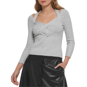 Maglione Casual da Donna Dkny a Maniche Lunghe a Costine, Taglia L, Grigio Autunnale con Design Traspirante a Ritaglio e Logo Frontale, Lunghezza Corta - Product Image 1