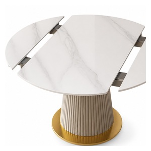 Table à manger en métal à hauteur réglable, aspect marbre blanc, base plissée dorée extensible, mobilier de restaurant moderne - Product Image 5