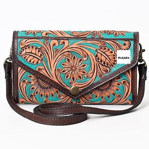 Sculpture main usiné cuir portefeuille pochette coque de téléphone élégant cuir de vachette portefeuilles couleur Turquoise portefeuille pour les femmes - Product Image 5