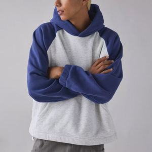 เสื้อฮู้ดดี้ผู้ชายแบบสวมหัว แขนตัดสี ตัวเสื้อสีเทา ฮู้ดสีน้ำเงินเข้ม ทรงบ็อกซี่ คุณภาพสูง ผลิตในปากีสถาน - Product Image 1