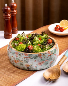 Natural wood serving <b>bowl</b> featuring a teal and white floral <b>enamel</b> print, with two wooden serving spoons, at wholesale prices. - Product Image 3