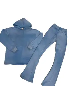 Asit yıkanmış eşofman takımlar özel % 100% pamuk fransız Terry boy eşofman ağırlıklar erkekler Flare Sweatpants ve Hoodie seti