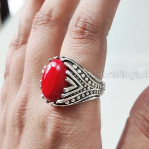 Anillo de Plata de Ley 925 para Hombre con Coral Rojo Natural, Todas las Tallas, Regalo de Boda o Aniversario, Estilo Otomano, Venta al Por Mayor - Product Image 1
