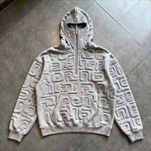 Puff Print Heavyweight Hoodie 450GSM Boxy Fit Cropped 600GSM Style Custom Bling Rhinestone <b>Balaclava</b> Zip Hoodie - Product Image 1