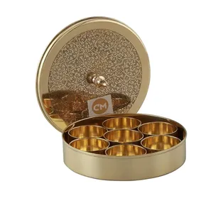 Brass Spices Box for Kitchen Handmade Golden Spices container Spice Box with Embossed Lid 7 Compartments and 1 Spoon Indian