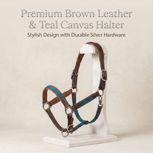 Harnais de selle anglais en cuir marron avec sangle en toile turquoise, emboutissage, couronne rembourrée, muserolle réglable, quincaillerie en acier inoxydable durable - Product Image 2