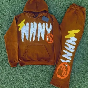 Clothing Manufacturers Custom jogging man cotton Streetwear Heavyweight Unisex Raw Hem Cropped Hoodie Flared Sweatpants - Product Image 1