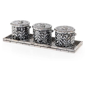 Home Kitchen Organizing Jar Food & Decorative Items <b>Set</b> of Three Elegant Acacia Wood <b>Canister</b> Storage Jars With Tray - Product Image 1