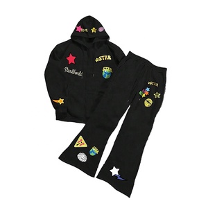 Sweatshirt à capuche avec fermeture éclair lavé à l'acide personnalisé survêtement patchwork lourd costume avec logos brodés - Product Image 1