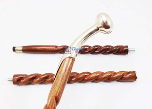 Spirale réglable 3 fois marron bâton de marche en bois laiton finition polonaise poignée de forme ronde pour les hommes et les femmes âgés avec prix de gros - Product Image 5